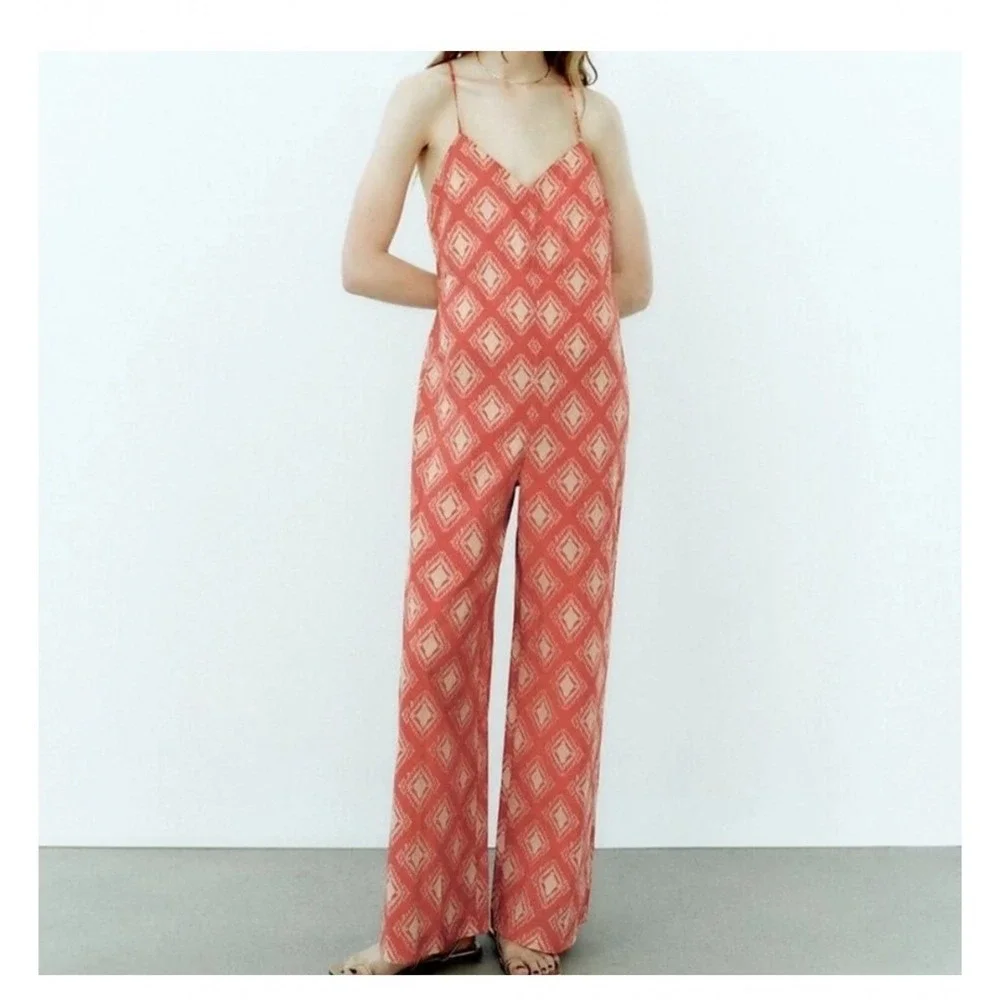 Zara The Jami Jumpsuit V-Neck Open Back Wide Leg Terracotta Print Small‎ NWT